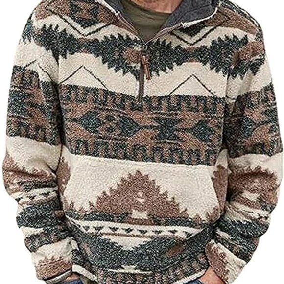 Men's Chic Brown Sweatshirt Hoodie with Kangaroo Pocket - Trendy Aztec Design